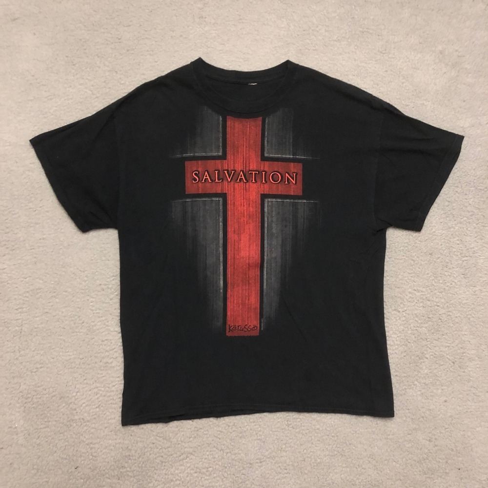 Kerusso Salvation Christian Jesus T Shirt Black Red Cross XL Double Stitch